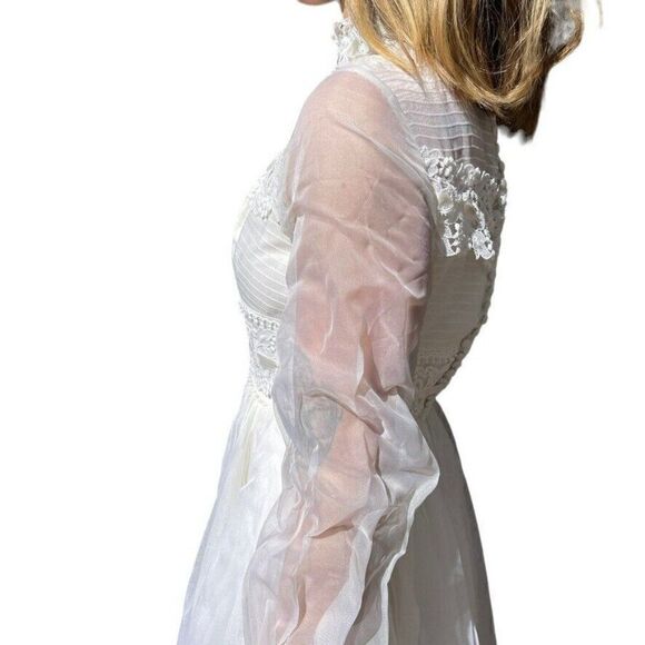 Vintage 1970s White Long Sleeve Lace Boho Prairie Hippy Maxi Wedding Dress Sz XS - Picture 7 of 10